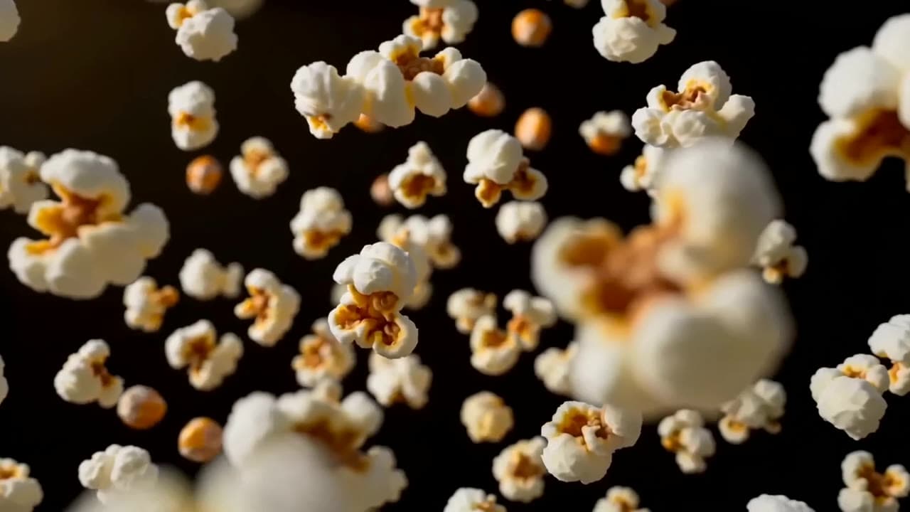 Popcorn suspended against a black background